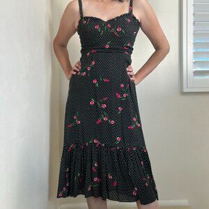 Wayf Black Sundress with red roses, Spaghetti Strap, Polka Dot Dress, Size S